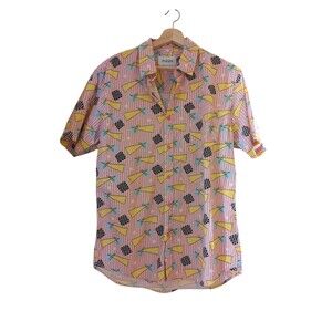 Eldon Men's Medium Geometric Print Button-Up Shirt Pink 80s Retro Graphic